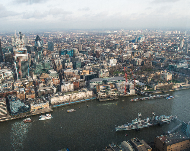 The Gerkin and the HMS Belfast are both dwarfed by The Shard